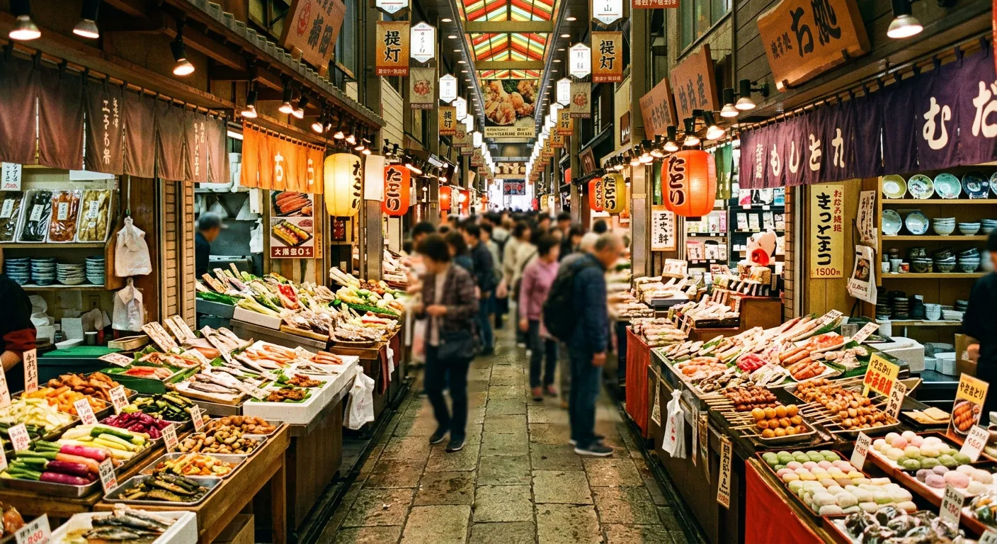 Mercado Nishiki de Kioto con puestos coloridos de comida a ambos lados