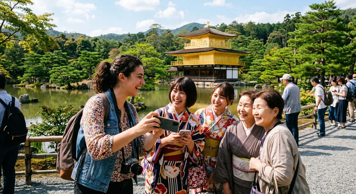 Joven castellana tomando fotos con turistas japoneses frente al Kinkakuji