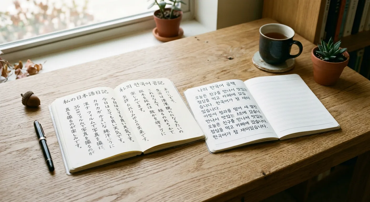 Escritorio moderno con cuadernos de japonés y coreano abiertos mostrando diferentes sistemas de escritura