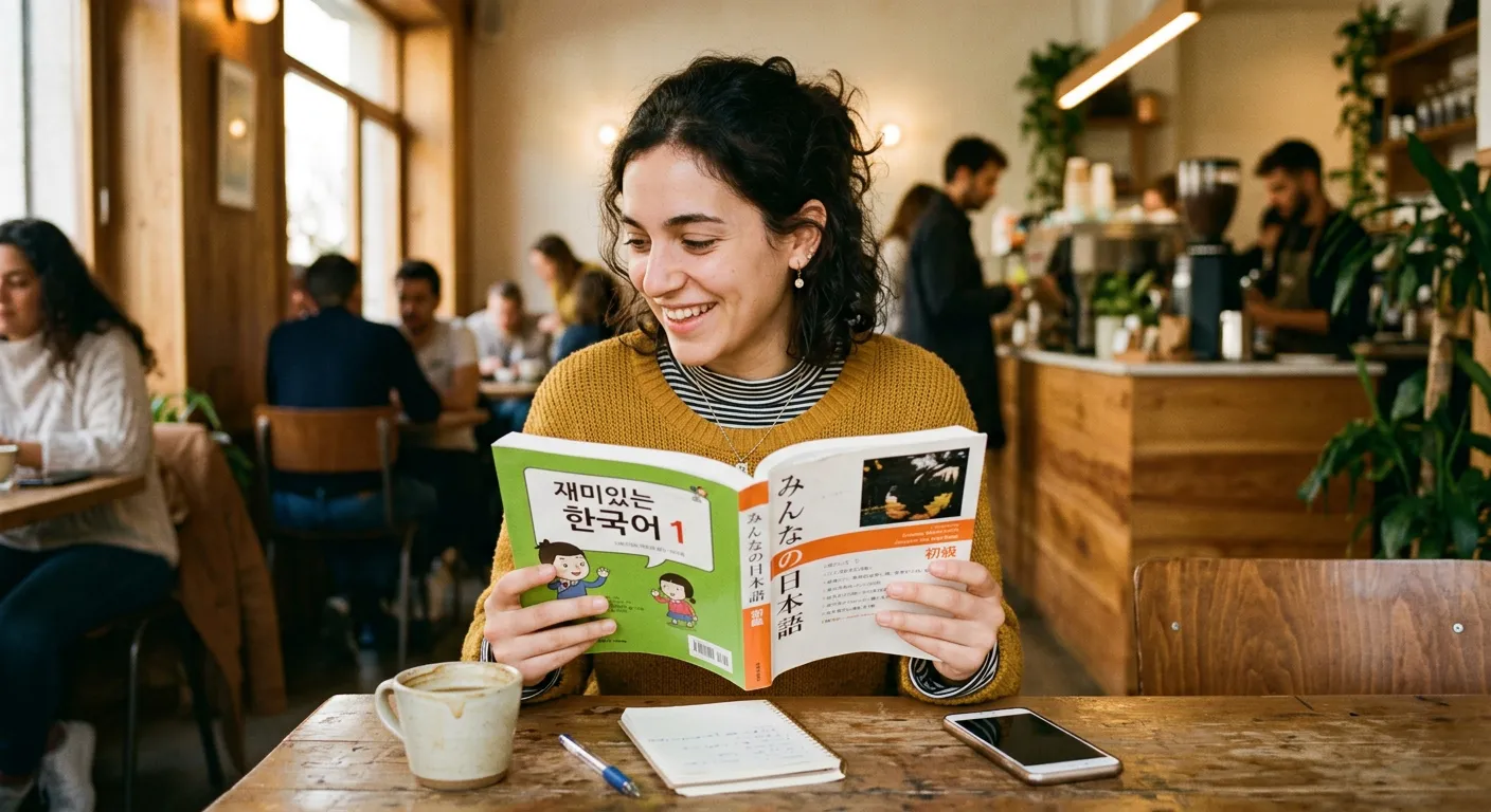 Joven castellana en café comparando dos libros de texto de japonés y coreano