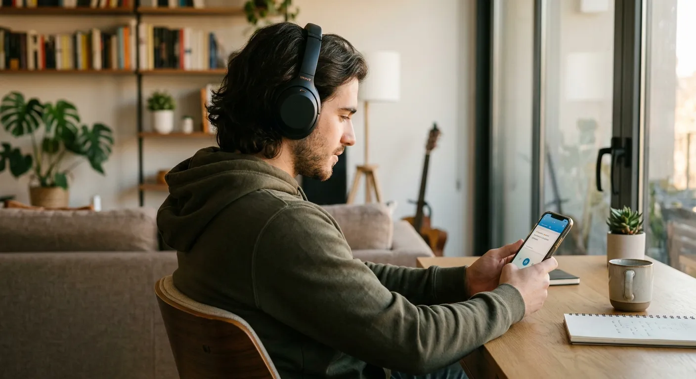 Joven castellano con auriculares escuchando y comparando ambos idiomas en su habitación