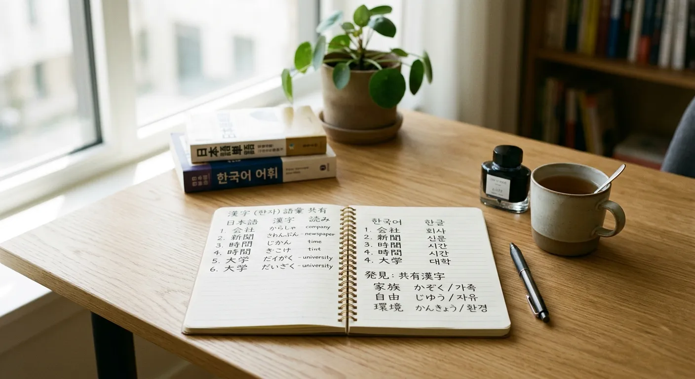 Cuaderno abierto con listas de palabras japonesas y coreanas de origen chino comparadas