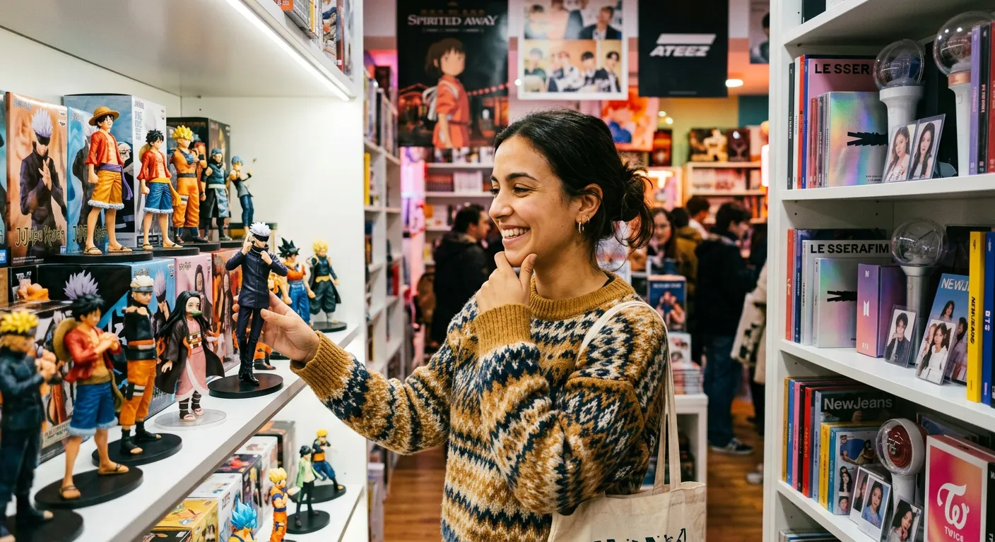 Joven castellana en tienda de cultura pop entre figuras de anime y álbumes de K-pop