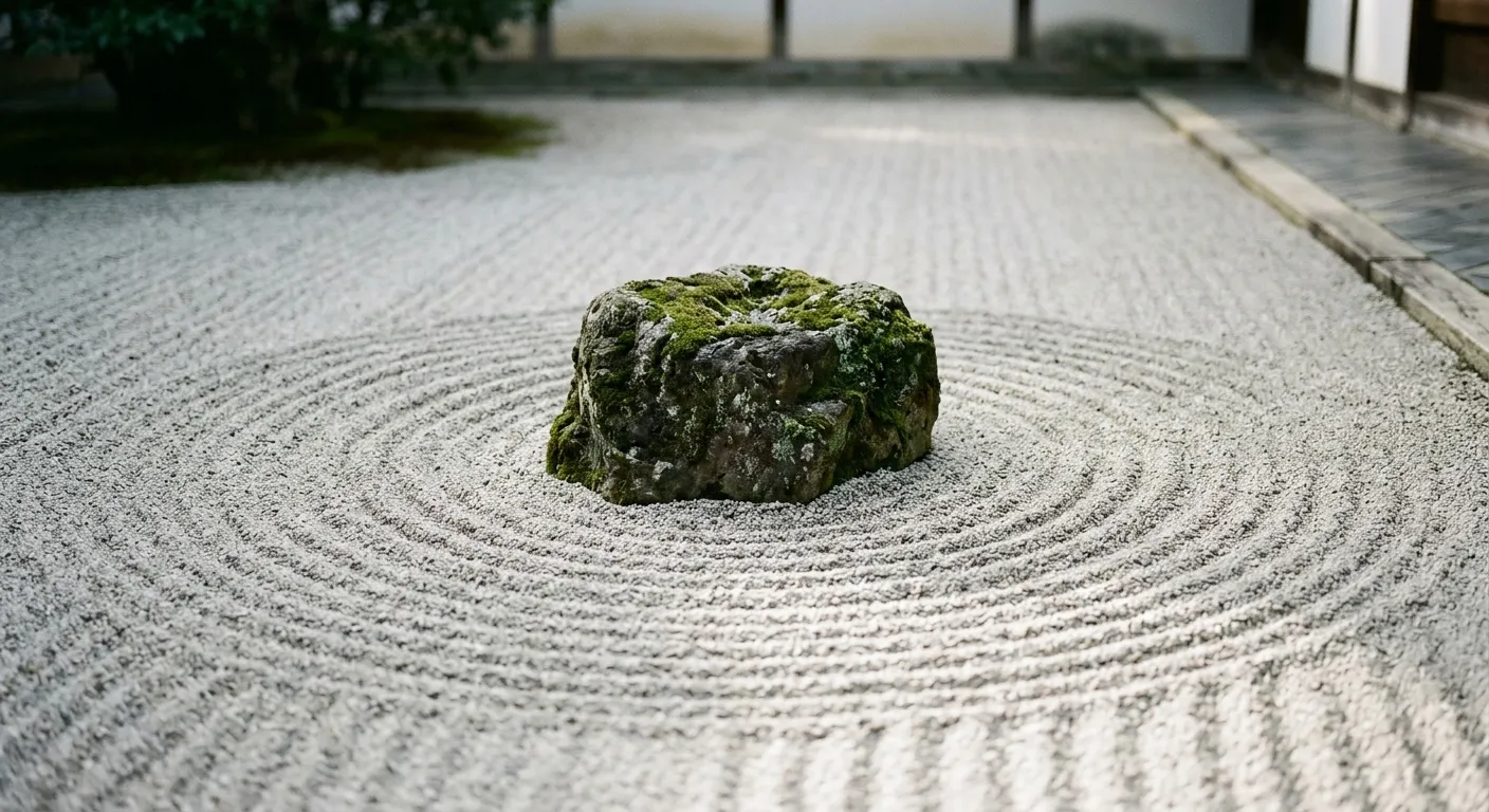 Primer plano de grava rastrillada formando ondas alrededor de una piedra, cuando la piedra y la arena cuentan el universo