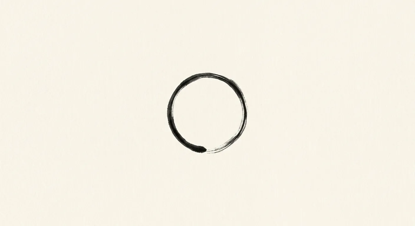 Ilustración minimalista de un círculo ensō en un espacio vacío, donde todas las páginas convergen
