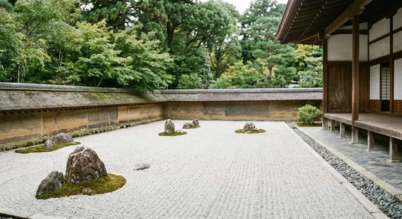 Vista de un gran jardín zen de grava blanca rastrillada con piedras, peregrinaje al corazón del zen