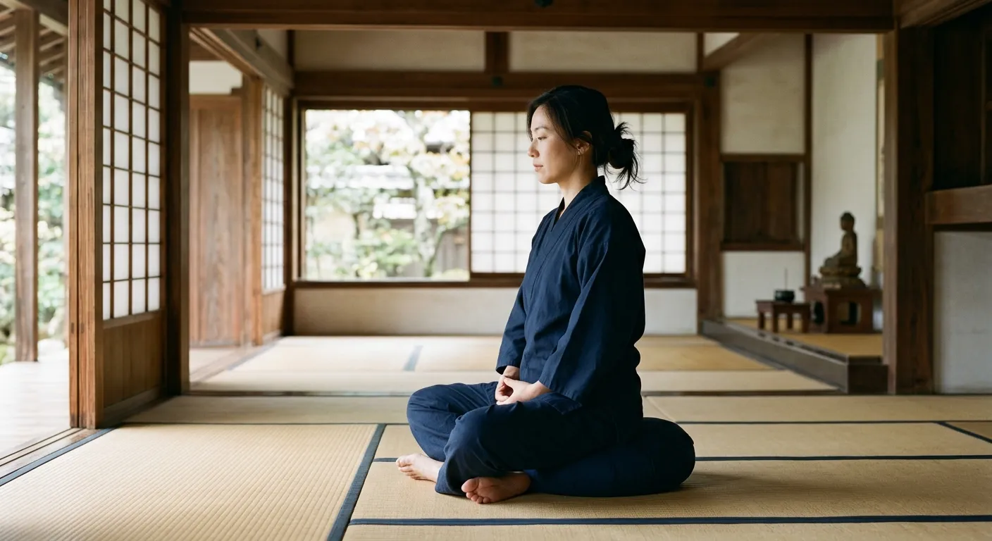 Persona sentada en zazen sobre un cojín en una sala de meditación, el arte de simplemente sentarse