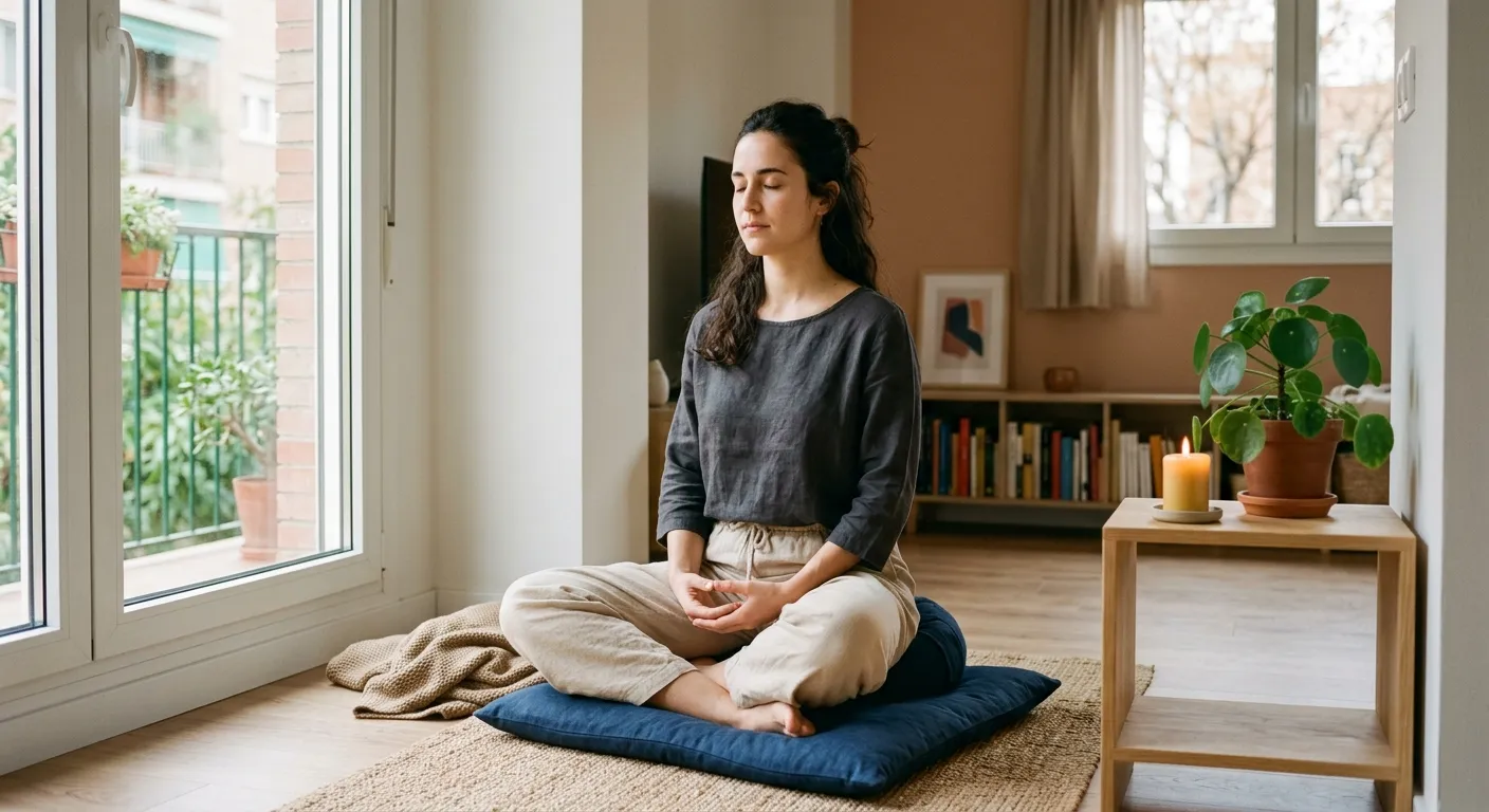 Joven hispanohablante practicando zazen con postura correcta en su hogar, zazen en casa: guía paso a paso