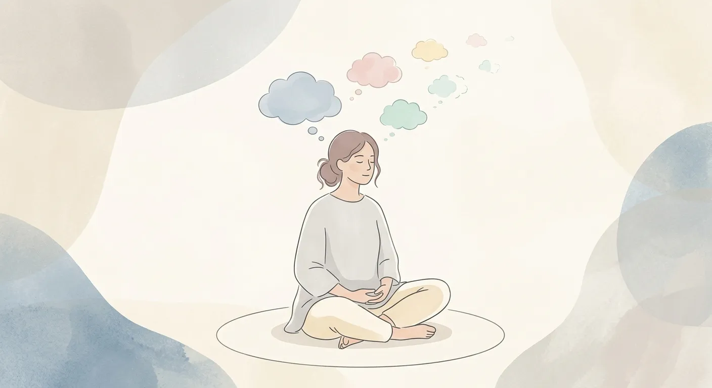 Ilustración minimalista de una figura meditando mientras se disipan pensamientos dispersos, problemas comunes y cómo enfrentarlos
