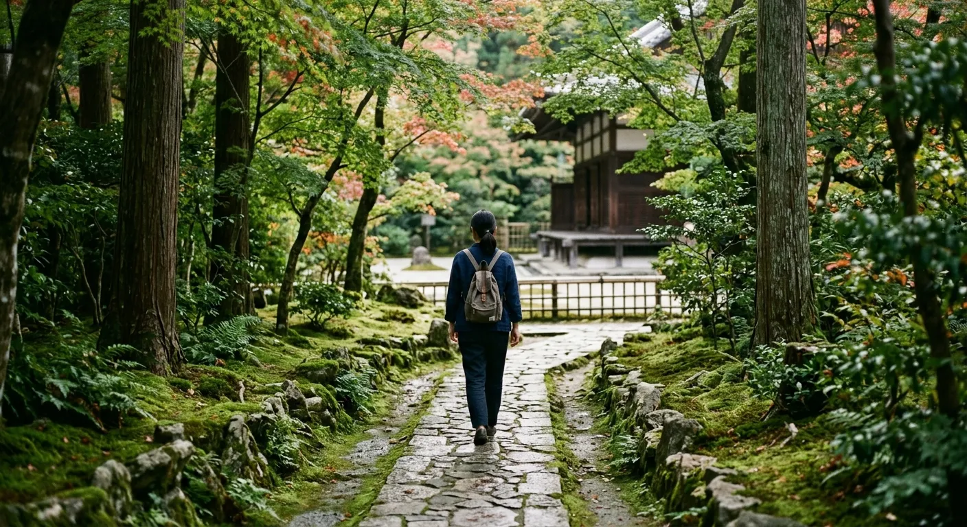 Visitante caminando por un sendero de piedra en un templo zen de Kioto, peregrinaje zen para tres días