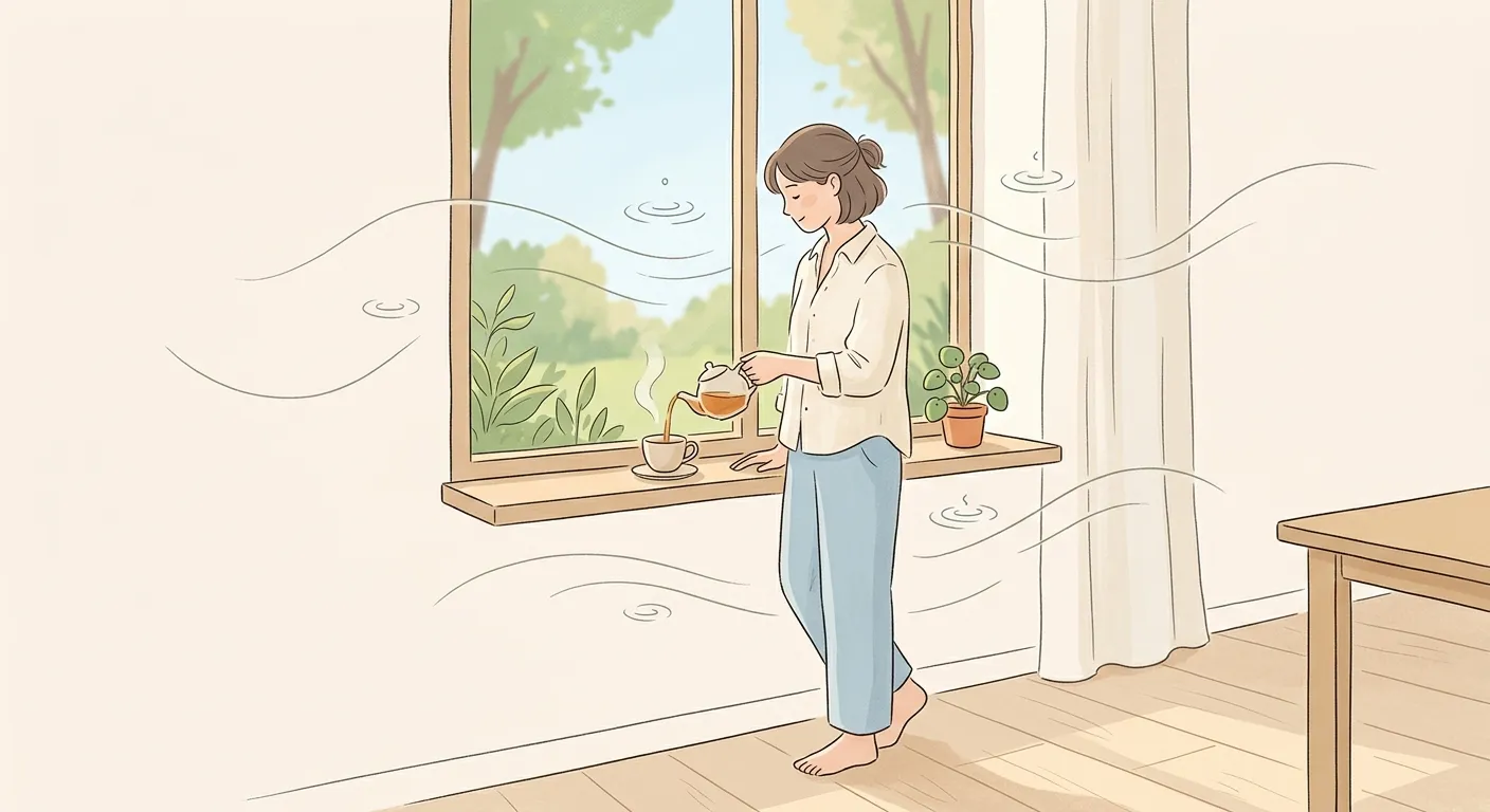 Ilustración minimalista de una figura con plena atención en un gesto cotidiano, el zen integrado en tu vida diaria