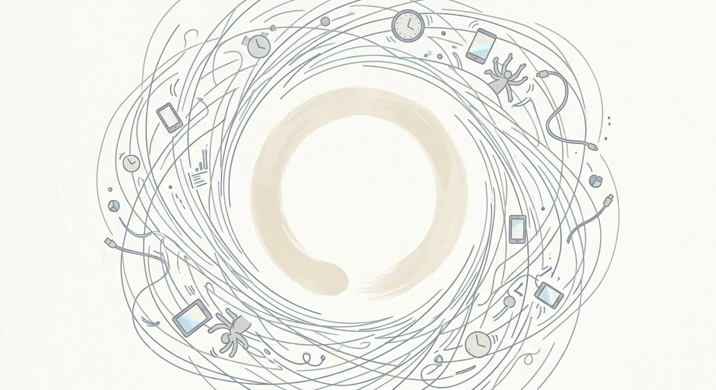 Ilustración minimalista de un círculo zen sereno en medio del ajetreo moderno, el zen frente a los desafíos del siglo XXI
