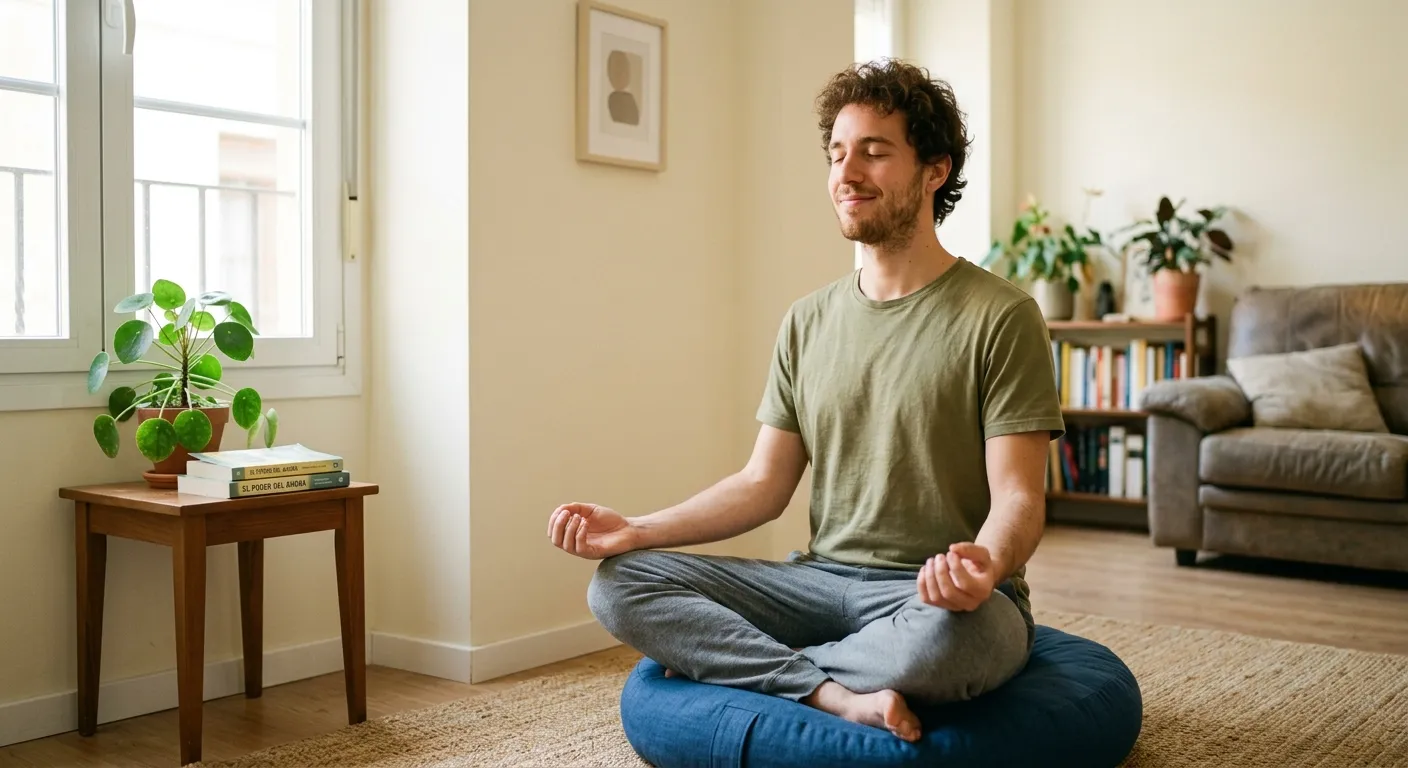 Joven hispanohablante comenzando su práctica de meditación en un rincón de su hogar, comenzando tu propio camino zen