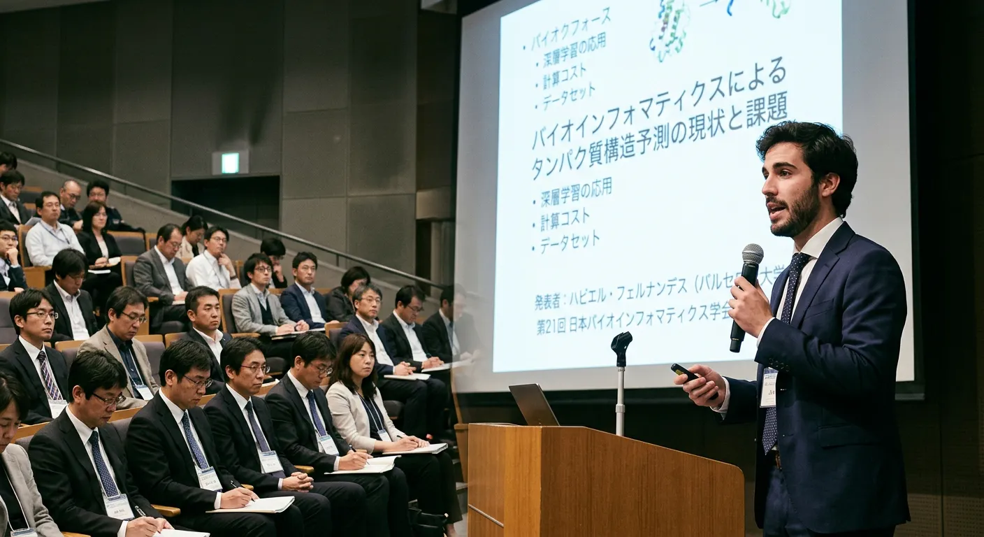 Joven castellano presentando en conferencia académica japonesa ante investigadores
