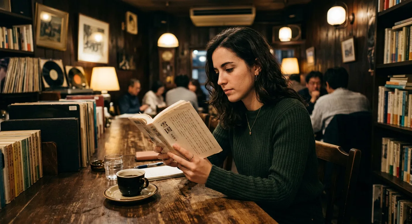 Joven castellana leyendo novela japonesa en original en una kissaten vintage
