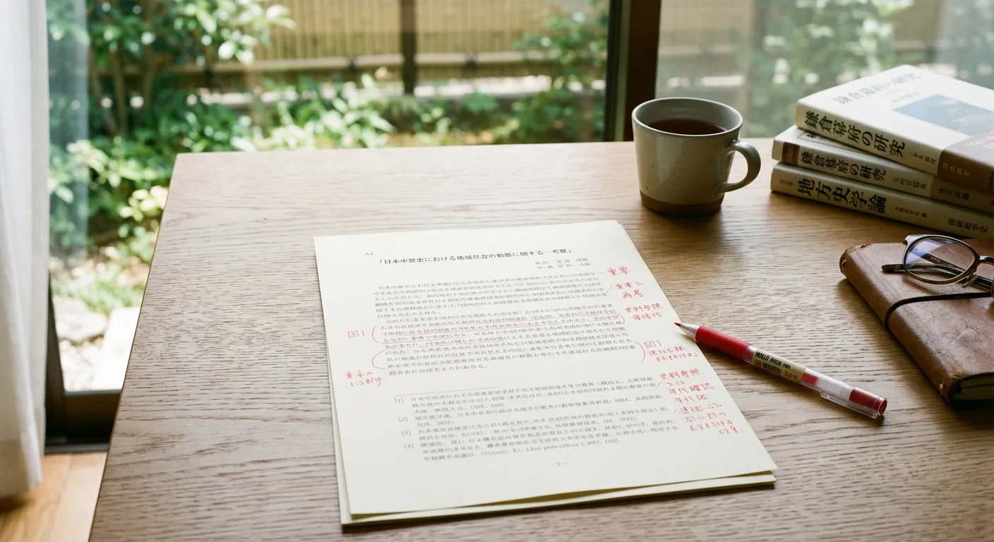 Escritorio moderno con artículo académico japonés y anotaciones en bolígrafo rojo