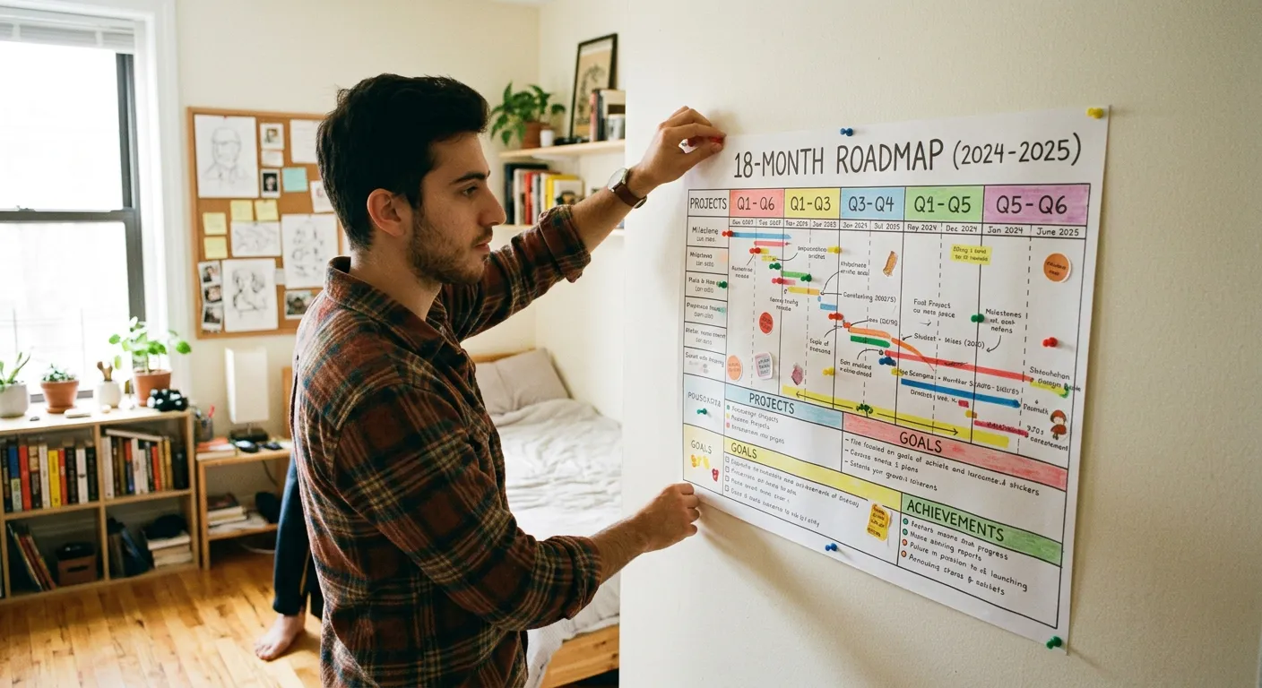 Joven castellano colocando póster de roadmap de 18 meses en la pared de su habitación
