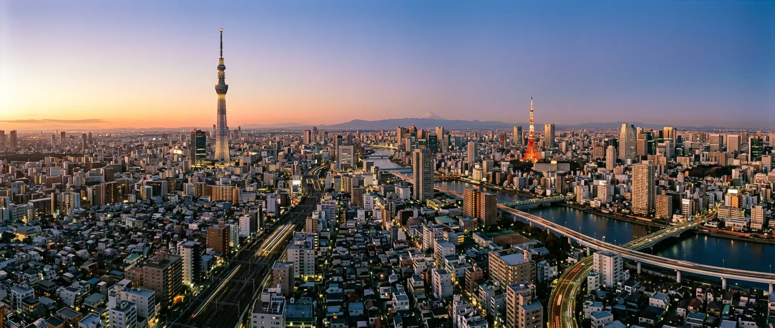 Panorámica de Tokio al amanecer con Skytree y Tokyo Tower visibles