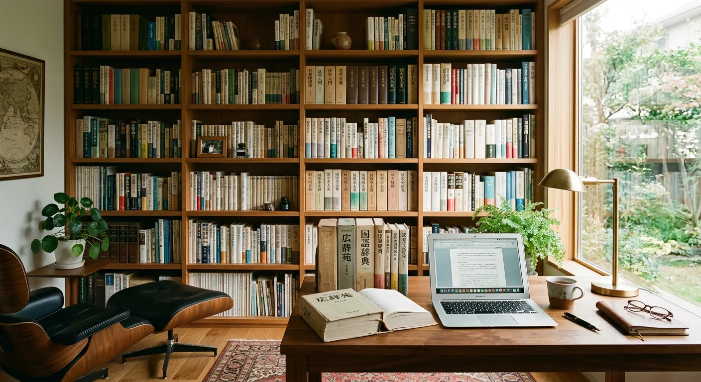 Estudio moderno con estantería de libros profesionales japoneses y laptop