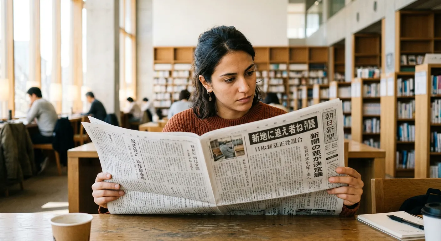 Joven castellana leyendo periódico japonés en biblioteca moderna