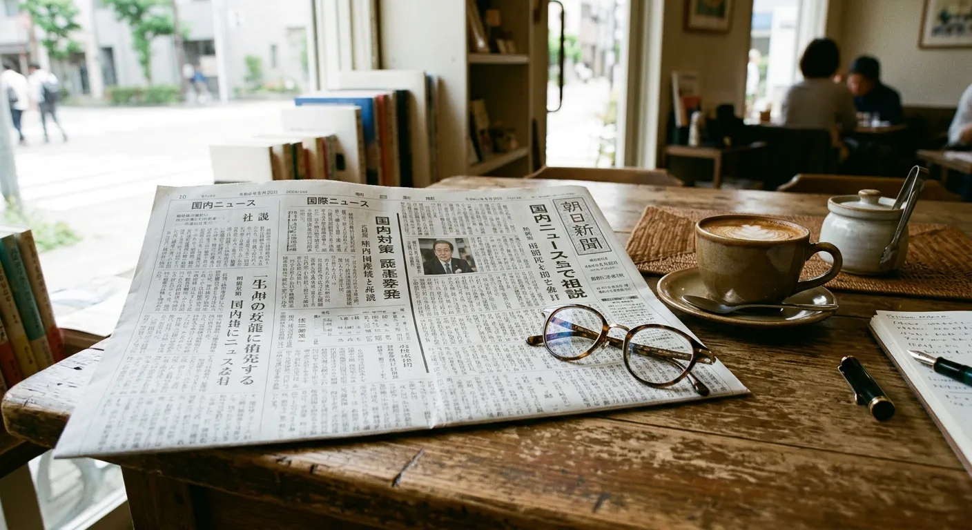 Periódico japonés abierto en mesa de café junto a taza de café