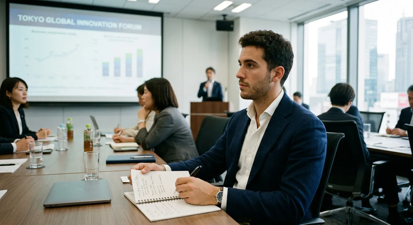 Joven castellano tomando notas en reunión de negocios en Tokio