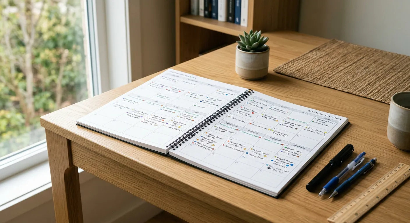 Calendario anual con hitos de estudio marcados en colores