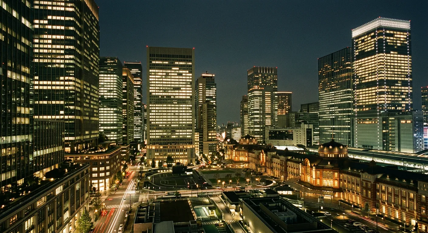 Distrito empresarial de Tokio de noche con edificios iluminados