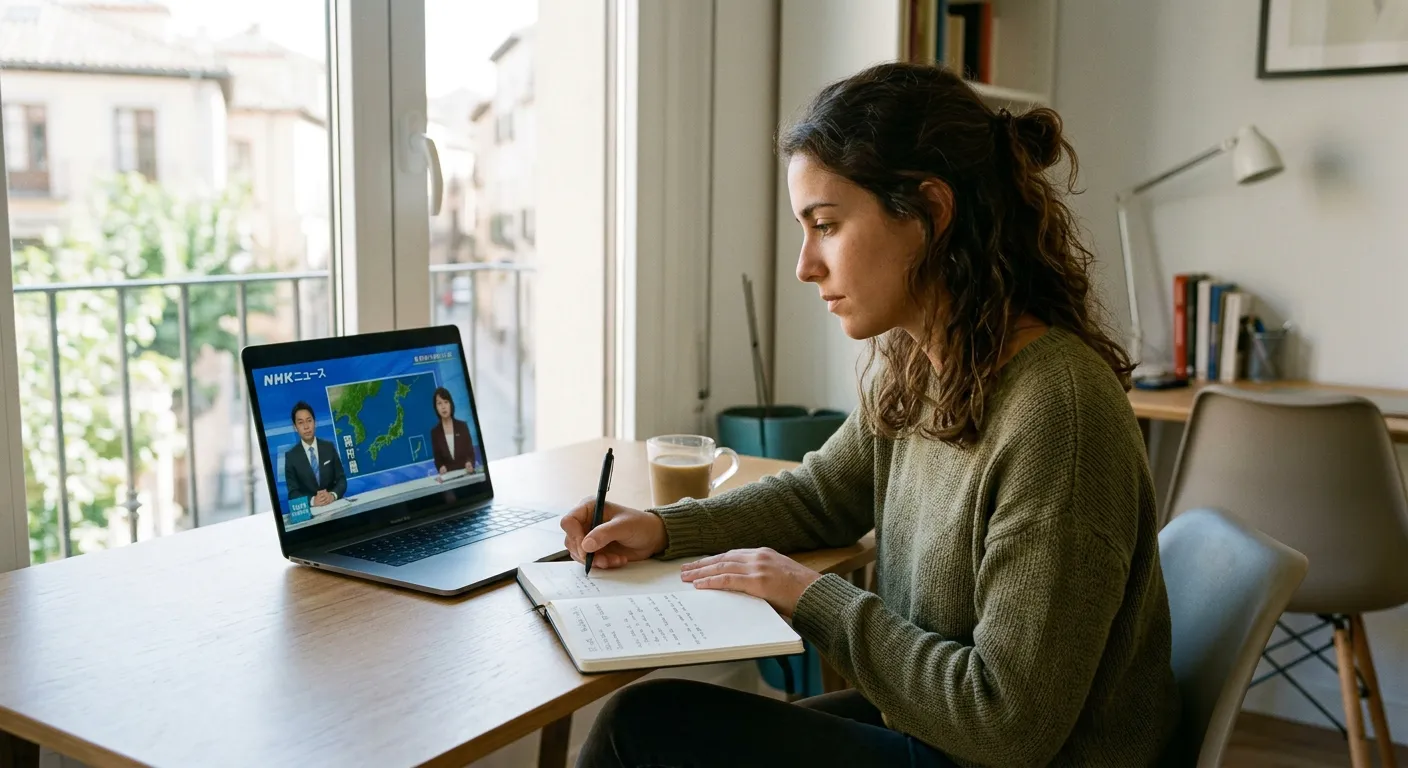 Joven castellana viendo noticias japonesas en laptop mientras toma notas