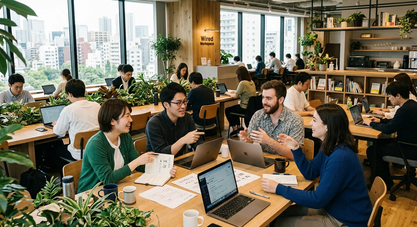 Espacio de coworking moderno en Tokio con trabajadores japoneses e internacionales