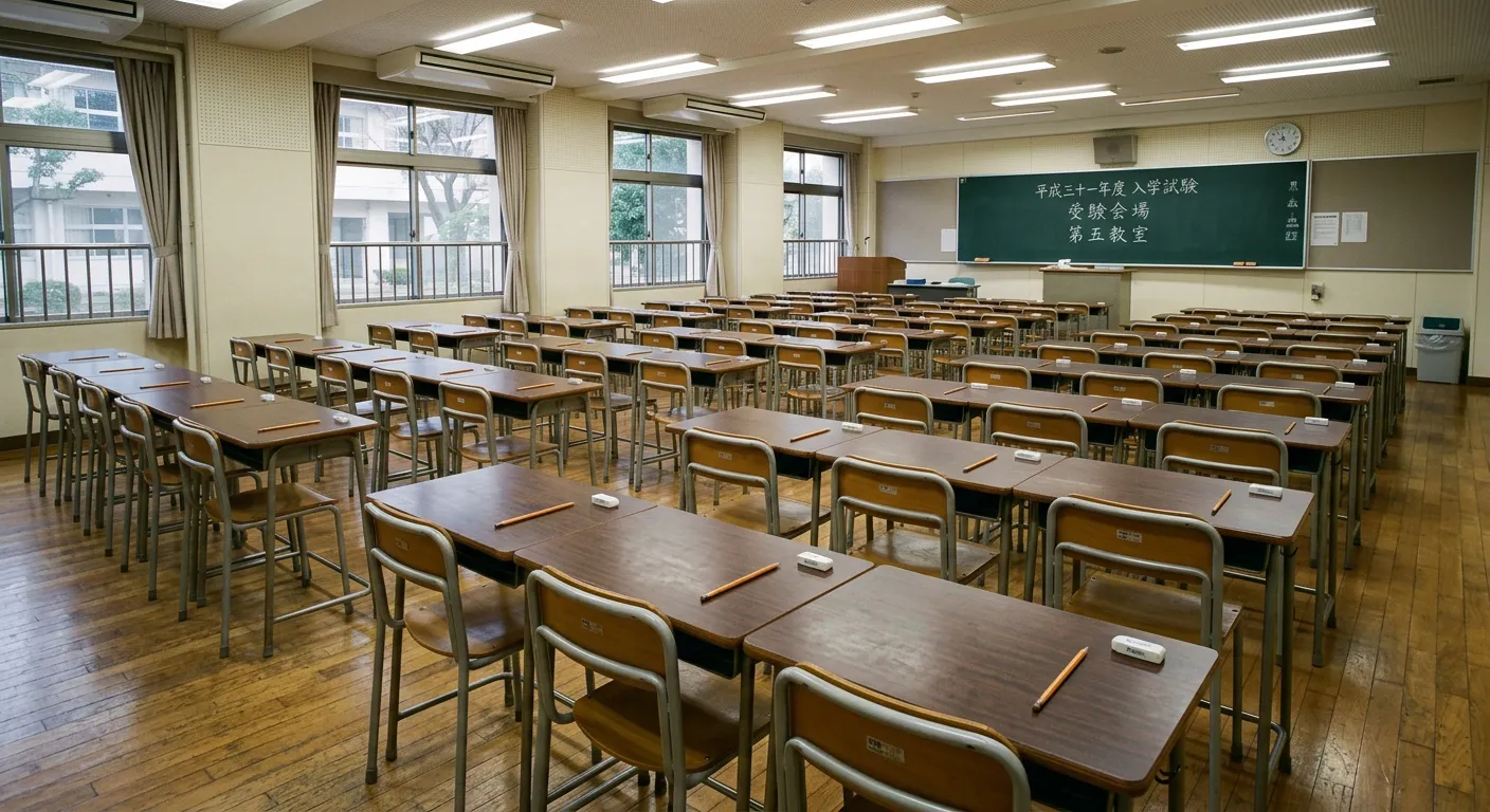 Aula de examen japonesa con filas de pupitres, lápiz y goma en cada mesa
