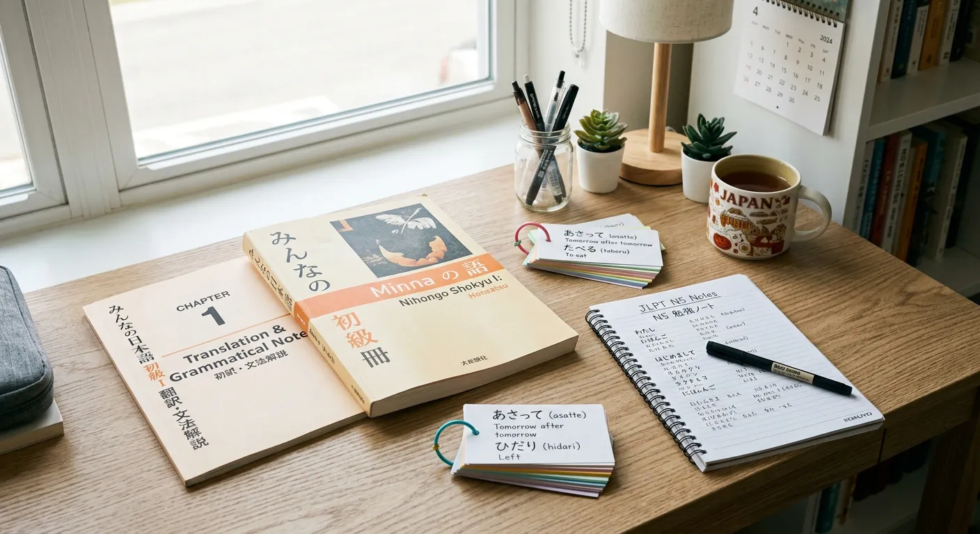 Escritorio moderno con materiales de nivel N5, tarjetas de vocabulario y cuaderno