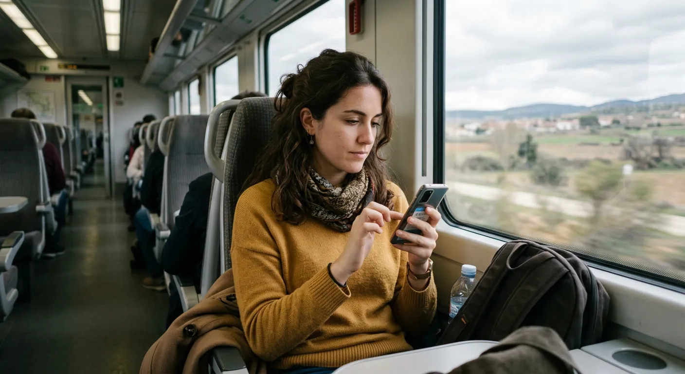 Joven castellana repasando vocabulario en app Anki en el tren