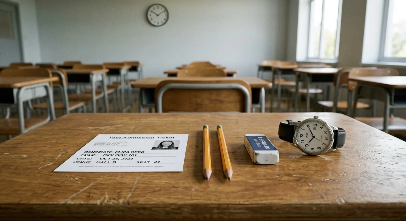Mesa de examen con boleta de admisión, lápices, goma y reloj preparados