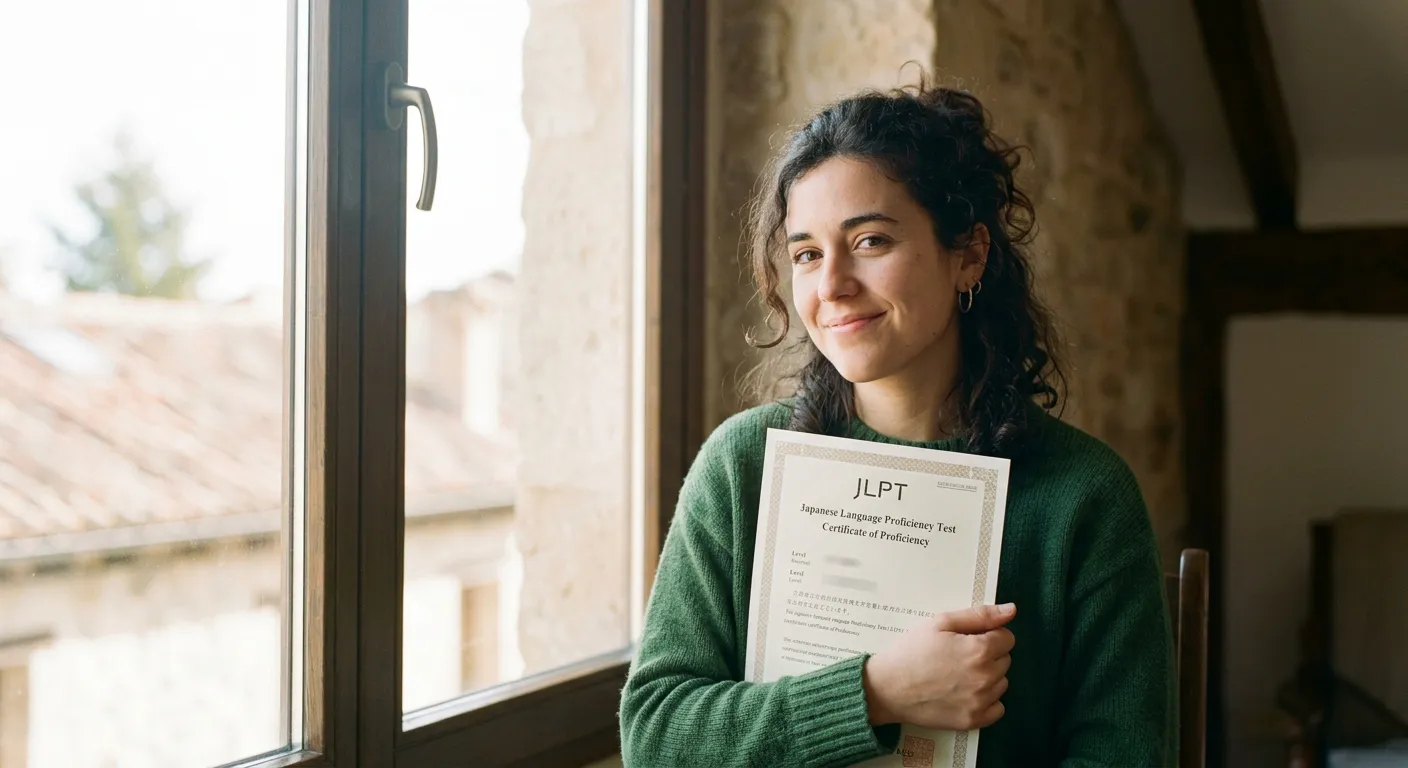 Joven castellana sosteniendo certificado JLPT junto a ventana con orgullo