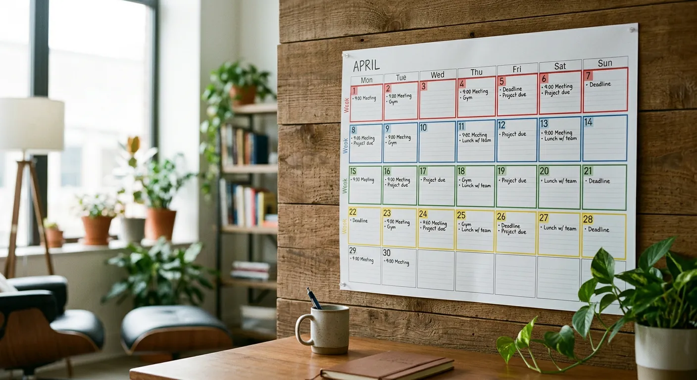 Calendario mensual con 4 semanas marcadas en colores rojo, azul, verde y amarillo
