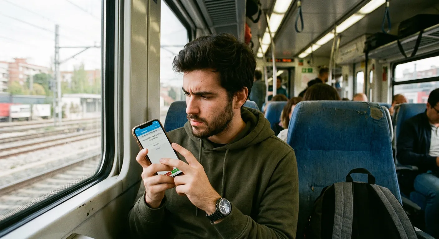 Joven castellano repasando rápidamente flashcards en Anki en el tren