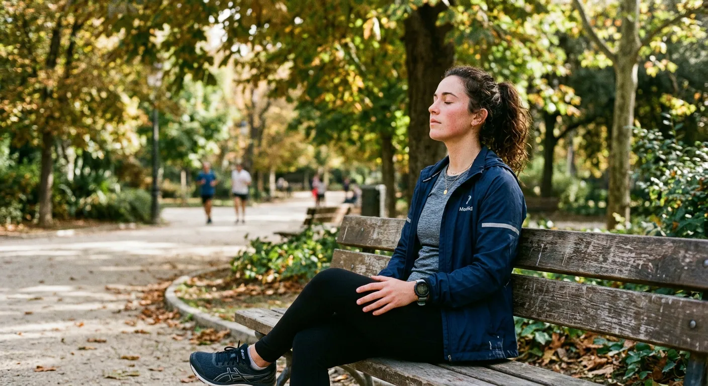 Joven castellana respirando profundamente en banco del parque tras jogging matutino