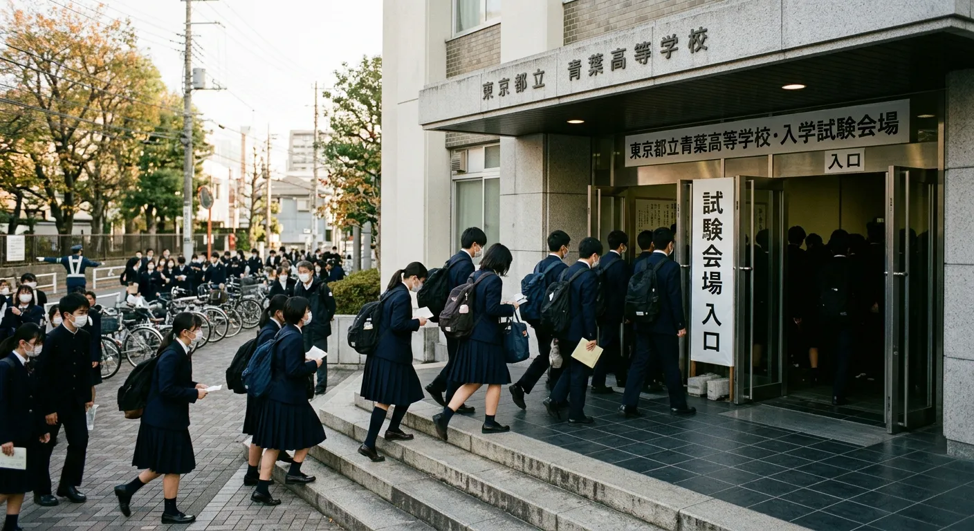 Entrada de edificio de examen japonés por la mañana con estudiantes entrando