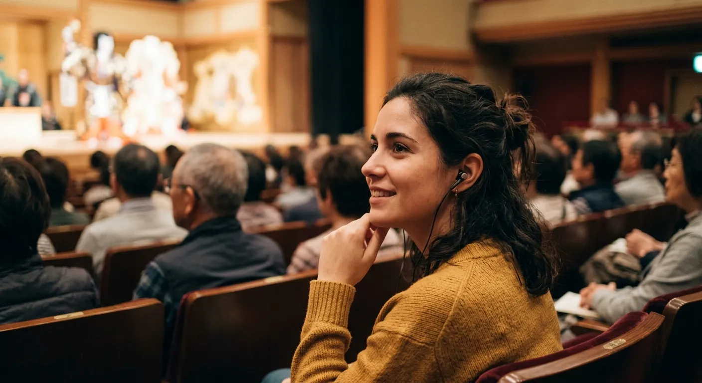 Joven visitante hispanohablante disfrutando de una función de kabuki con audioguía en el teatro, cómo experimentar el kabuki