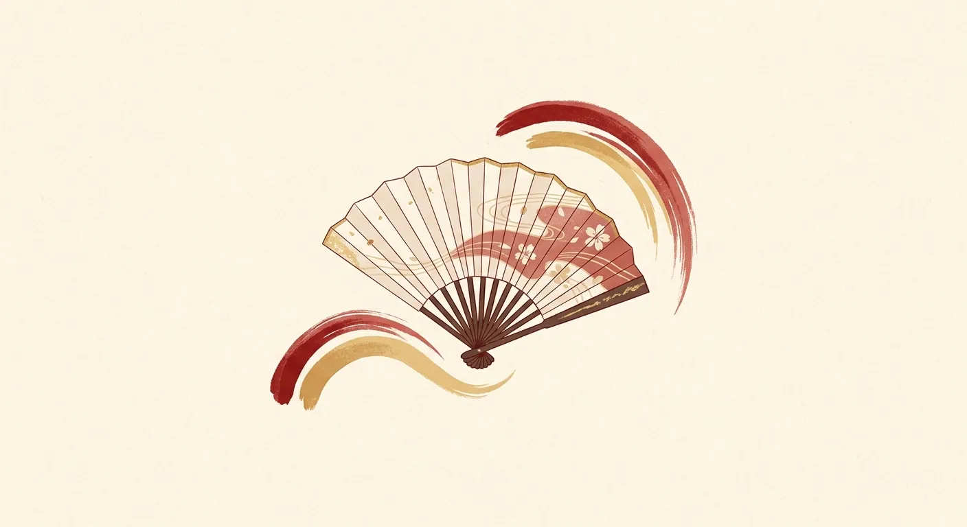 Ilustración minimalista de un abanico y trazos kumadori, lo que el kabuki enseña