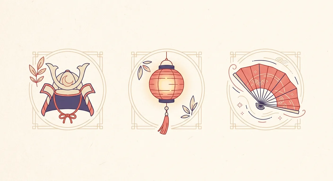 Ilustración minimalista de las tres grandes categorías del repertorio de kabuki: drama histórico, vida cotidiana y danza