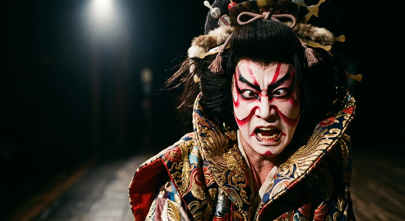 Primer plano de un actor de kabuki ejecutando una pose mie con maquillaje kumadori, las técnicas únicas del kabuki