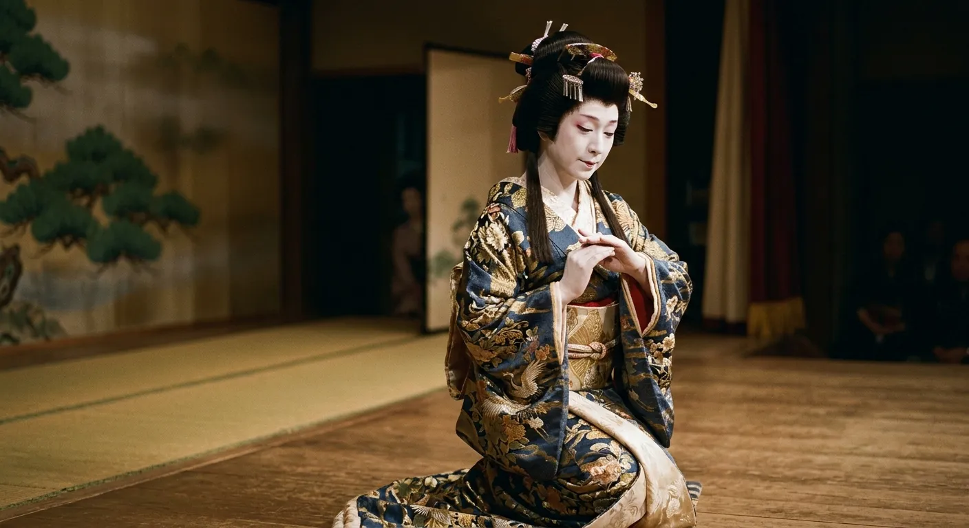 Actor onnagata de kabuki interpretando un papel femenino con elegante kimono y peluca, el arte del hombre que se vuelve mujer