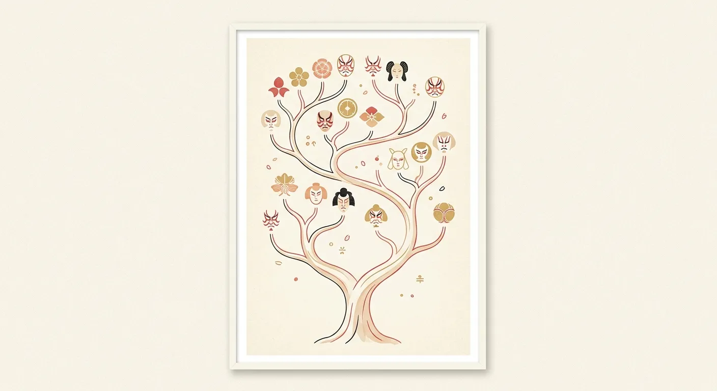Ilustración minimalista de un árbol genealógico con emblemas de kabuki, las dinastías y la herencia del nombre