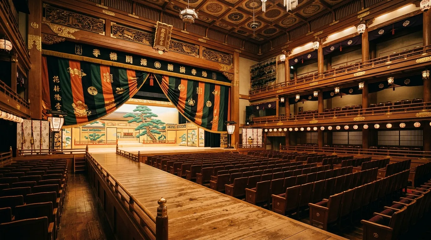 Interior de un gran teatro de kabuki con el escenario ornamentado y la pasarela hanamichi, la geografía del kabuki