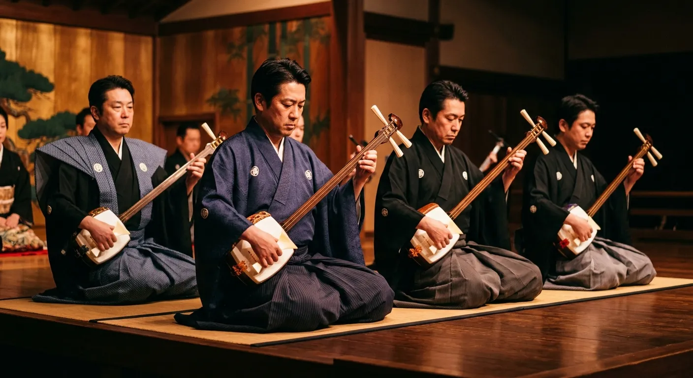 Músicos de kabuki tocando el shamisen en kimono, el sonido del kabuki: shamisen, gidayū y kakegoe