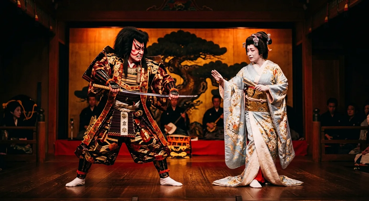 Dos actores de kabuki en una escena dramática con vestuarios contrastantes, las grandes obras que cruzan los siglos