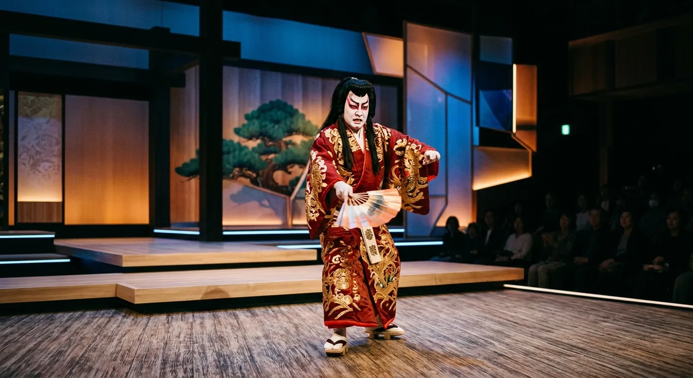 Función de kabuki contemporánea que combina vestuario clásico con iluminación moderna, tradición e innovación en el siglo XXI