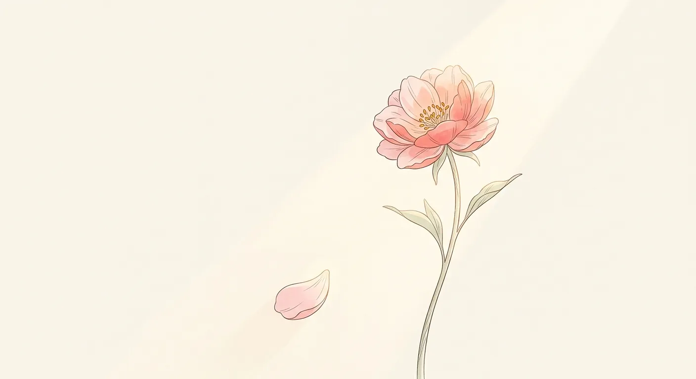 Ilustración poética de una sola flor con un pétalo cayendo, una flor una vida, lo que el ikebana nos regala